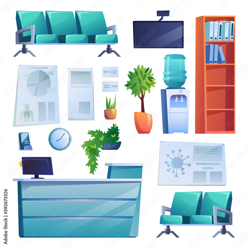 Hospital reception interior set of objects isolated on white. Vector row of chairs, reception desk, tv screen, water cooler. Shelf with folders of patients history, pot plants, medical check up lists