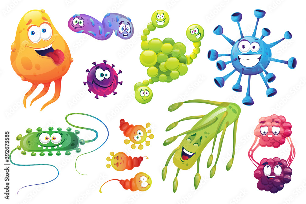 Set of bacterial pathogen characters, biological monsters emoji emoticons  isolated. Vector happy bacteria, virus germs cartoon characters for kids.  Microbes microorganisms, viruses funny mutants Stock Vector | Adobe Stock