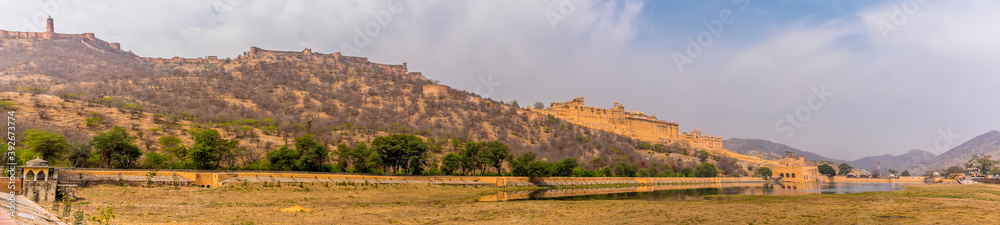 A panorama view from the southern end of Maotha lake in Jaipur, Rajasthan, India