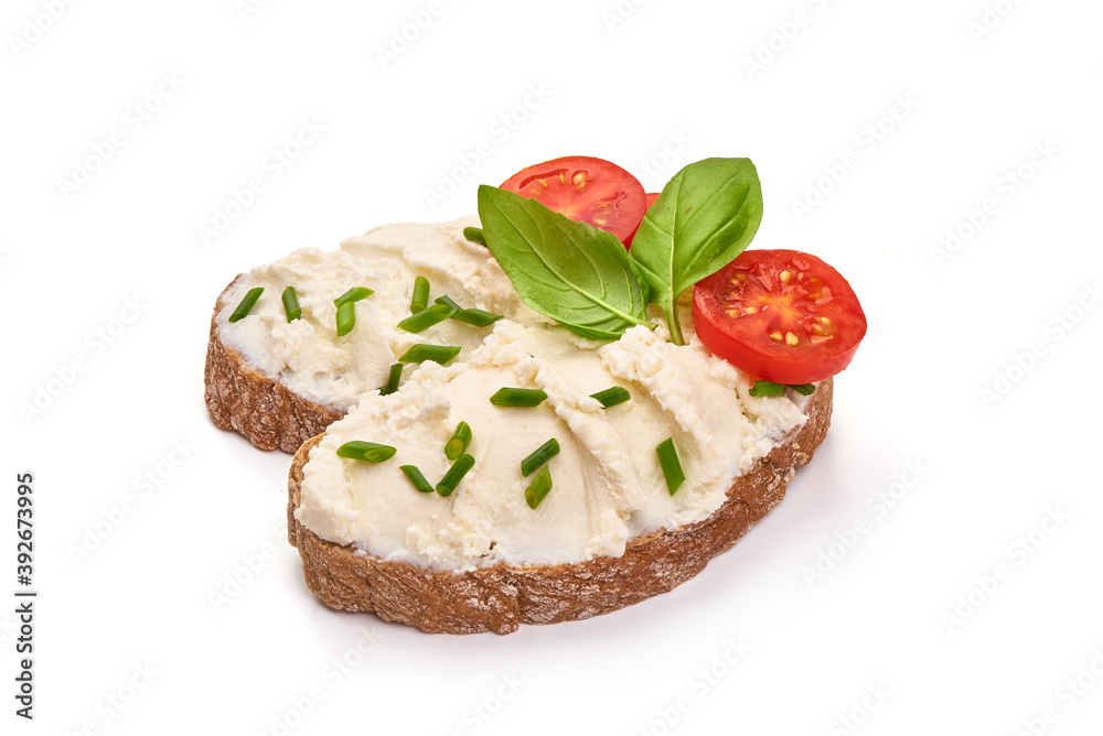 Feta cheese sandwich, close-up, isolated on white background