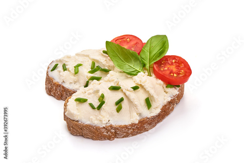 Feta cheese sandwich, close-up, isolated on white background