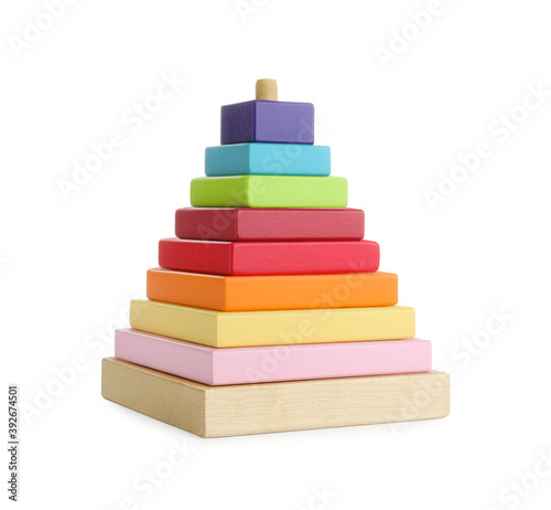 Colorful wooden toy pyramid isolated on white