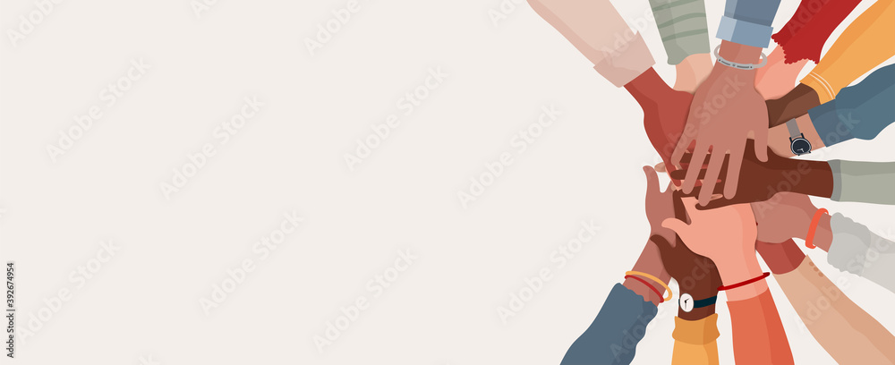 Group hands on top of each other of diverse multi-ethnic and multicultural people.Diversity people. Concept of teamwork community and cooperation.Diverse culture.Racial equality.Oneness