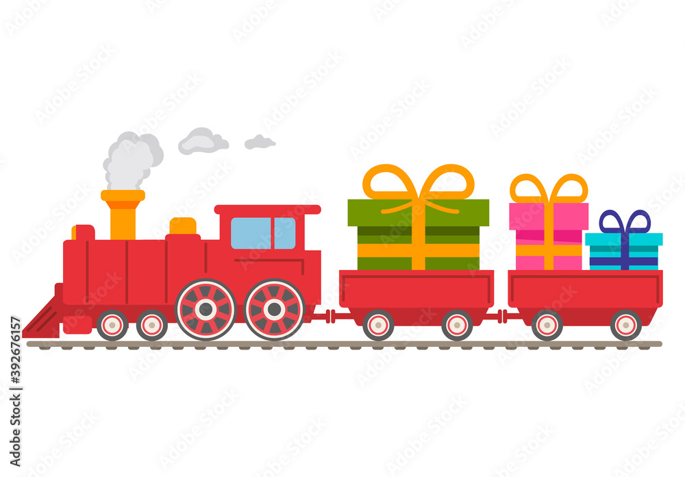 Christmas red steam locomotive with carriages with gifts.Winter holiday gifts.Vector flat illustration. .Retro train delivery railway present.Isolated on white background.