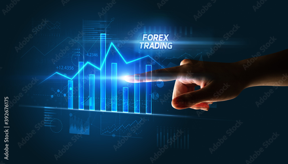 Hand touching FOREX TRADING button, business concept Hand touching FOREX TRADING button, business concept