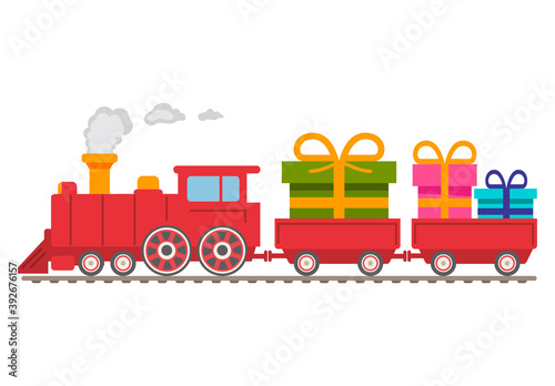 Christmas red steam locomotive with carriages with gifts.Winter holiday gifts.Vector flat illustration. .Retro train delivery railway present.Isolated on white background.