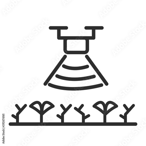 The drone monitors overgrown with weeds.Modern smart farm soil fertilization.Outline vector illustration.Drone farm.