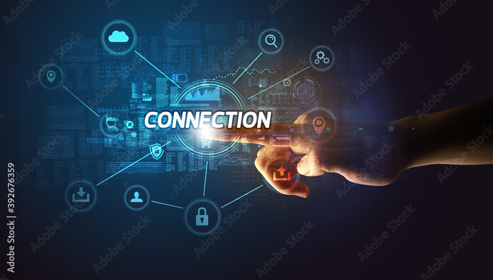 Hand touching CONNECTION inscription, Cybersecurity concept Hand touching CONNECTION inscription, Cybersecurity concept
