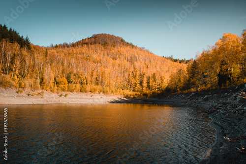 Colorful orange autumn forest with reflection in the mountain lake on a sunny nature day. Colorful fall landscape. Grane Dam, Granetalsperre, Harz Mountains