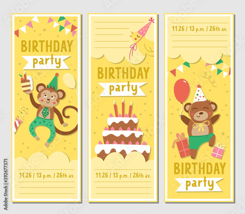 Set of Birthday party greeting card templates with cute animals. Anniversary vertical poster or invitation for kids. Bright holiday bookmark illustration with funny monkey, bear, cake with candles.