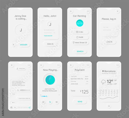 Set of modern trendy smoothy responsive mobile UI app templates with smartphone mockups. Neomorphism