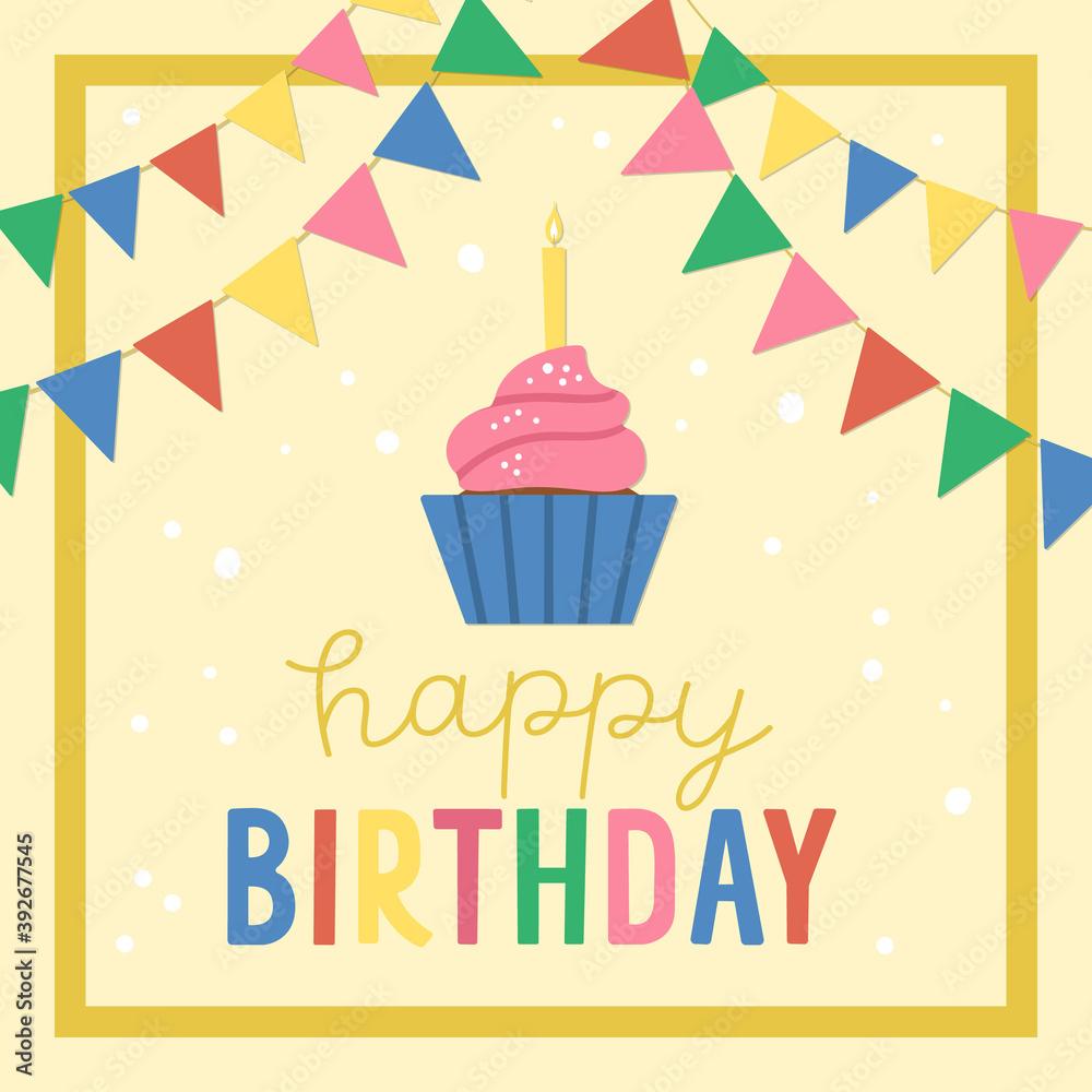 Birthday square greeting card template with cute cupcake and candle. Anniversary poster or party invitation for kids. Bright holiday illustration with traditional festive dessert, flags, confetti.. Birthday square greeting card template with cute cupcake and candle. Anniversary poster or party invitation for kids. Bright holiday illustration with traditional festive dessert, flags, confetti..