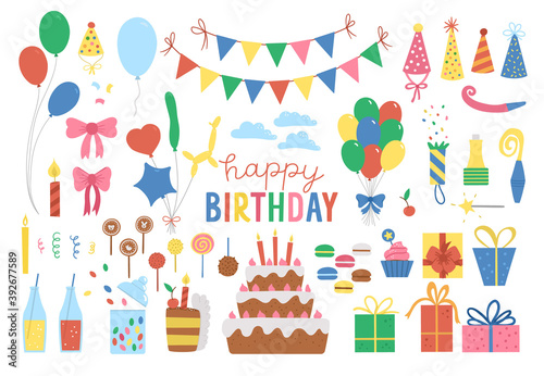Set of cute Birthday design elements. Party celebration clipart collection. Vector holiday pack with bright presents, cake with candles, balloons, flags. Happy anniversary icons isolated on white