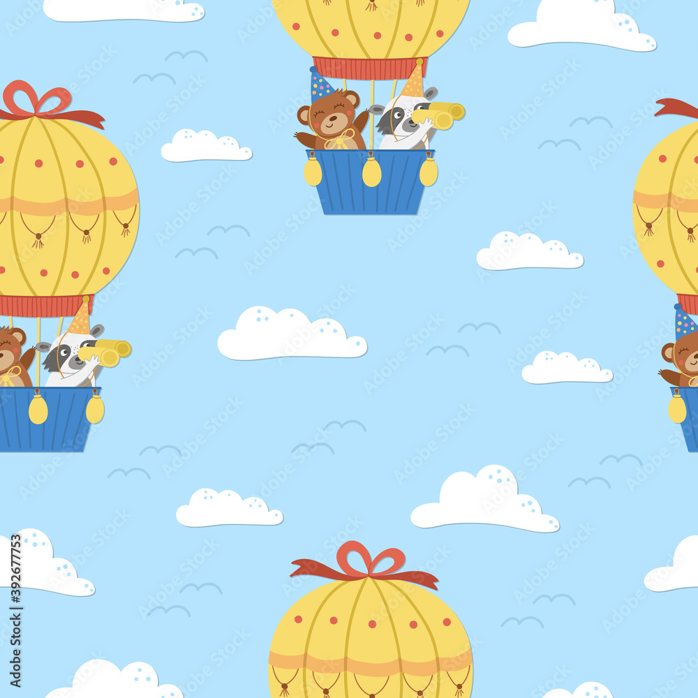 Fototapeta premium Vector seamless pattern with cute animals in hot air balloon and clouds. Holiday repeating background with adorable flying characters. Funny birthday digital paper for kids. .