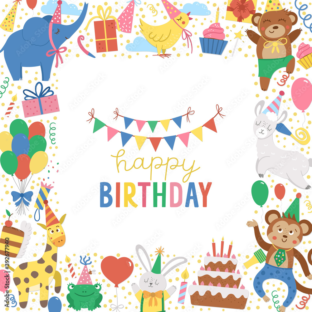 Vector square frame with happy Birthday elements. Traditional ...
