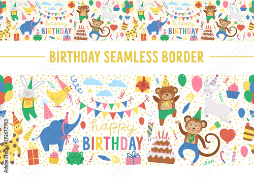 Vector horizontal seamless pattern brush with happy Birthday elements. Traditional anniversary party repeating background. Funny border holiday design for banners  posters  invitations. .