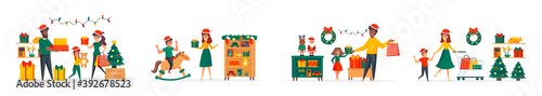 Toys store at Christmas time bundle of scenes with flat people characters. Parents with kids shopping in toys shop conceptual situations. New Year and Xmas winter holidays cartoon vector illustration.