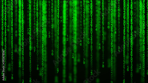 Matrix of random numbers. Flying numbers. Binary computer code. Abstract digital background. 3d rendering.