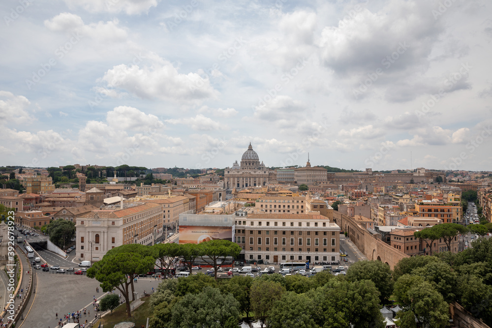 Panoramic view on the Papal Basilica of St. Peter in Vatican and city of Rome