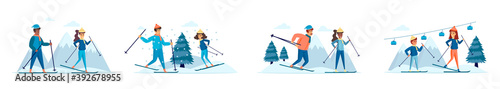 Winter sports activities bundle of scenes with people characters. Happy skiers and snowboarders having fun on ski resort conceptual situations. Wintertime holidays vacation cartoon vector illustration