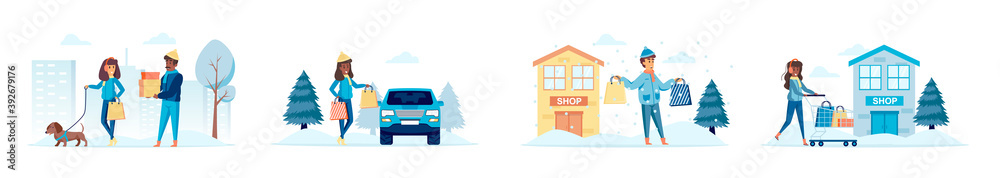 Winter season shopping bundle of scenes with people characters. Weekend family shopping, buyers with bags and carts conceptual situations. Wintertime holidays vacation cartoon vector illustration.