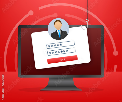 Data Phishing with fishing hook, laptop, internet security. Vector stock illustration.