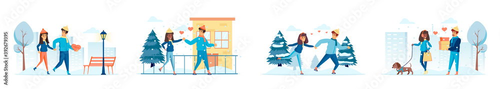 Couple in love bundle of scenes with people characters. Happy lovers walking in winter park, skating and skiing together situations. Valentines day, romantic relationship cartoon vector illustration.