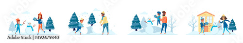 Building snowman bundle of scenes with flat people characters. Parents with kids making snowman outdoors at snowfall conceptual situations. Wintertime holidays vacation cartoon vector illustration.