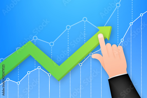 Profit money or budget. Cash and rising graph arrow up, concept of business success. Capital earnings, benefit. Vector stock illustration.