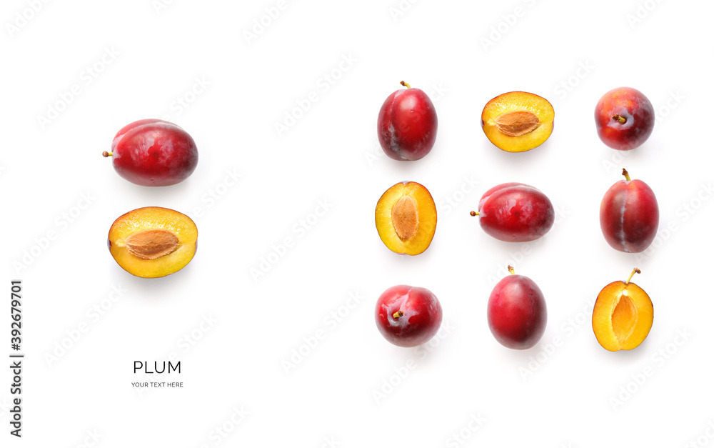 Creative layout made of plum on white background. Food concept. Macro concept. Creative layout made of plum on white background. Food concept. Macro concept.