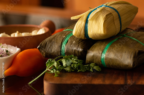 Peruvian food Tamale. Corn food hand made. Peruvian traditional food