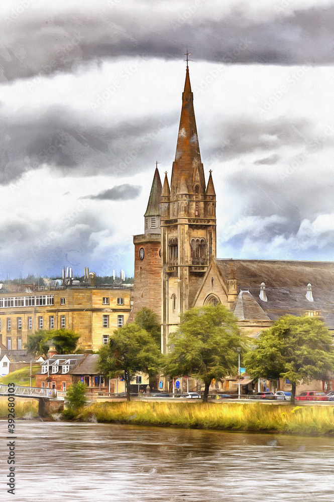 Fototapeta premium View on gothic cathedral colorful painting looks like picture..