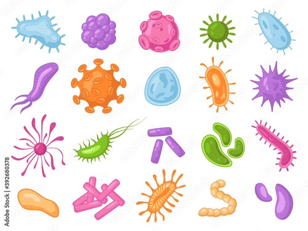 Set of angry bacteria, microbes and germs isolated. Vector biological viruses, oblong bacterial pathogen microbes. Color cartoon microorganisms, microscopic influenza, fever and coronavirus cells