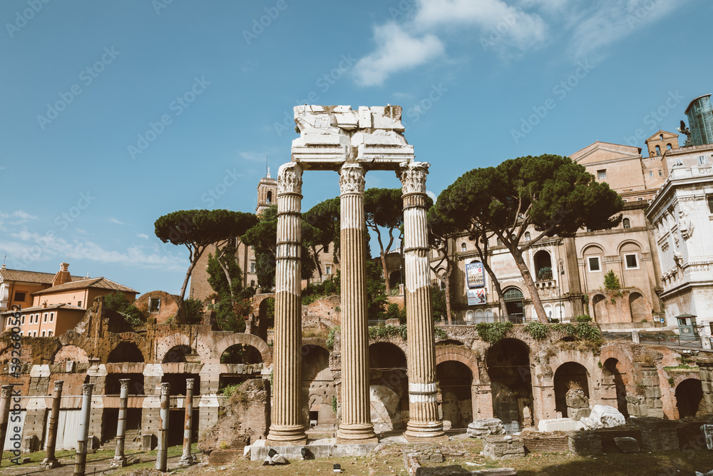 Panoramic view of temple of Venus Genetrix is ruined temple and forum of Caesar