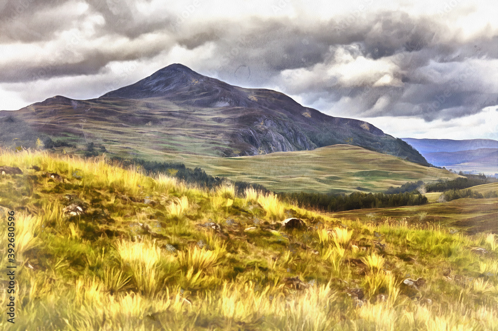 Highlands landscape with mountain colorful painting, Scotland UK.