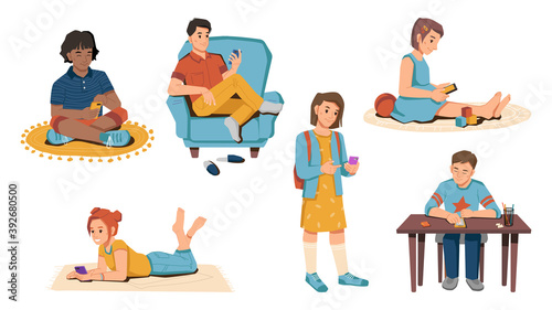 Young caucasian and afro american pupils with smartphones in hands isolated schoolchildren. Vector schoolboys and schoolgirls on carpets, at table and armchair, playing games on modern gadgets