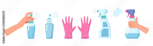Cleaning and disinfection set, antiseptic disinfect spray and rubber gloves isolated. Vector coronavirus prevention objects, detergents in bottle, antibacterial chemicals, housework washing cleaning