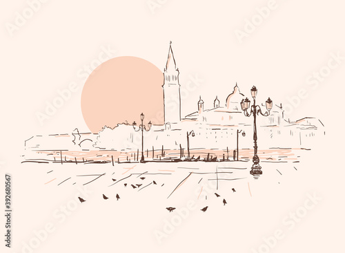 Piazza San Marco, Grand Canal, San Giorgio Maggiore church. Sunset in Venice, Italy. Hand drawn sketch vector illustration. Romantic cityscape. landmark of Venice