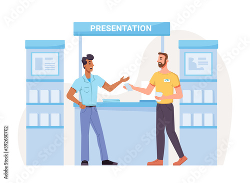 Expo exhibition of printed books on presentation, people promoter consultant and buyer at showcase. Vector trade show, advertising of magazine or novel, published leaflets, stands with publications