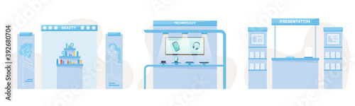 Expo exhibition stands of beauty, technology and books presentation booths set. Vector interior counters with cosmetics, demonstration panels with smartphones, modern gadgets, mobile devices