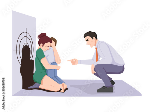 Afraid mother hugs crying baby, father punishing boy, yelling wife and son, family violence. Vector dad aggressor, cruel husband, punishment and mom defending child. Afraid victims and abusing man