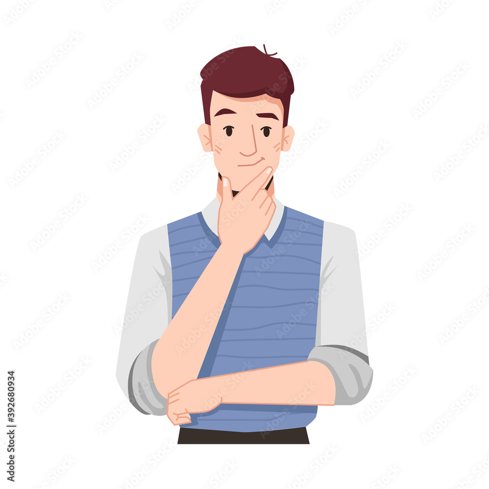 Young entrepreneur thinking or brainstorming on project. Wondering student or puzzled worker. Businessman pondering or planning. Man holding hand on chin. Cartoon character, vector in flat style Young entrepreneur thinking or brainstorming on project. Wondering student or puzzled worker. Businessman pondering or planning. Man holding hand on chin. Cartoon character, vector in flat style