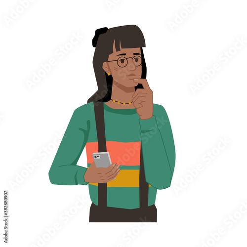 Thoughtful afro american girl with smartphone in hands isolated flat cartoon character. Vector girl thinking about life or love, what to write in text message or remembering contact phone number
