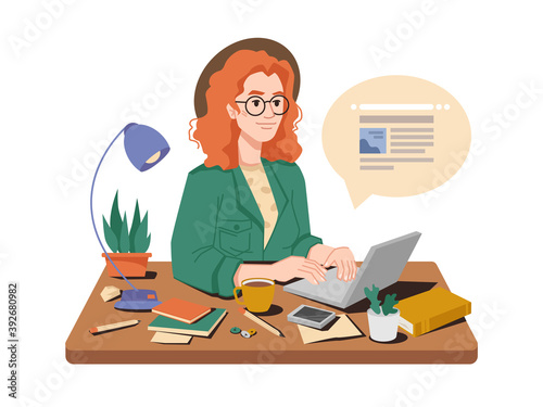 Journalist at her workplace writes article or post on laptop, cup of tea or coffee, books and pens, lamp and plant in pot on table. Vector woman correspondent writing publication in newspaper magazine