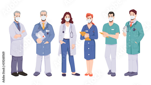 Doctors or surgeons team wearing uniform and protective masks. Coronavirus pandemic situation and fight against covid disease. General practitioners with documents. Cartoon character, vector in flat