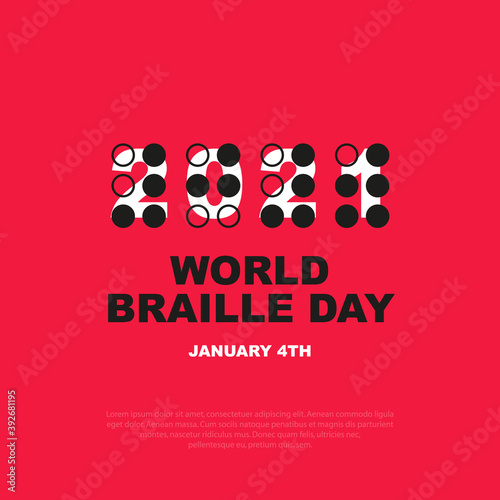 Square banner world braille day, january 4 th. The symbol of the year 2021 is written in a font for visually impaired people. Vector, illustration