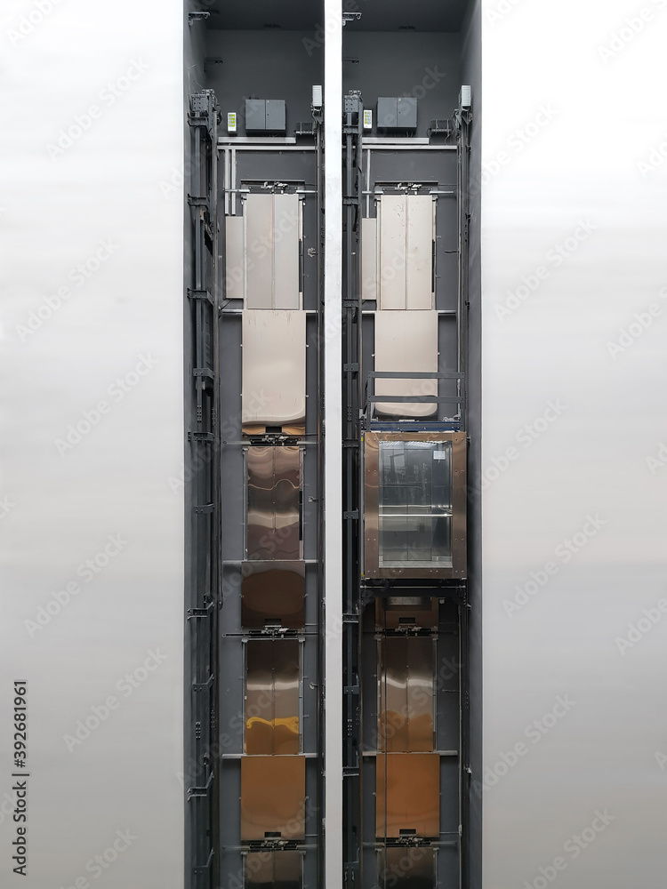 open elevator shaft in an office building, equipment, facade open elevator shaft in an office building, equipment, facade