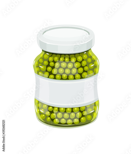 Glass jar with greeen peas. Natural food for safekeeping. Isolated white background. Illustration.