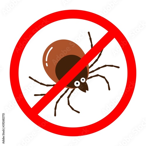Red round anti tick warning sign with detailed tick insect bug.