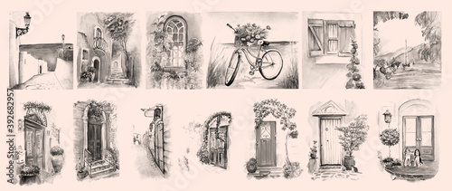 Vintage aquarelle painting of old city.